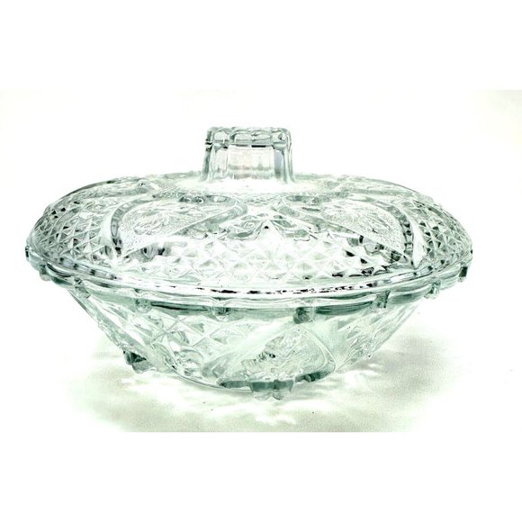 Vintage KIG Malaysia Candy Dish Clear Pressed Glass Hearts and Roses w/ Lid  7" - Picture 1 of 7